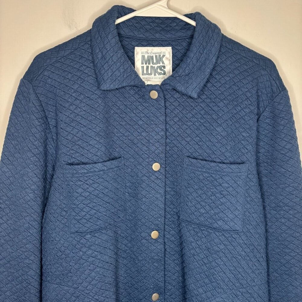 THE ORIGINAL MUK LUKS Shacket Womens S Blue Snaps Long Sleeve Quilted Stretch